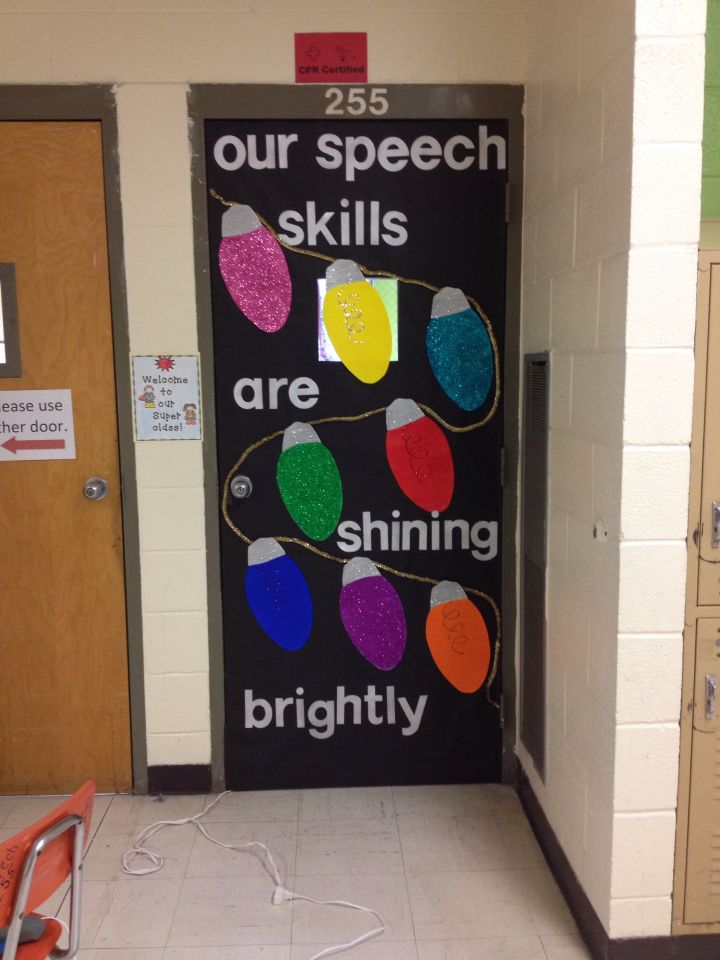 Speech door, filament and whole glittered Christmas lights | Speech classroom decor, Christmas speech therapy, School speech therapy